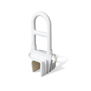 The Medline Bilevel Clamp-On Bathtub Grab Bar features a white, curved handle and step-through clamp design that securely attaches to your tub’s side, providing reliable safety support when entering or exiting.