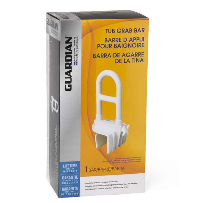 A box of Medline Bilevel Clamp-On Bathtub Grab Bar, featuring a photo of the white grab bar with step-through clamp design for tub safety. Packaging includes English, French, and Spanish text and highlights a lifetime warranty.