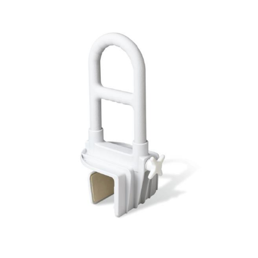 The Medline Bilevel Clamp-On Bathtub Grab Bar features a white, curved handle and step-through clamp design that securely attaches to your tub’s side, providing reliable safety support when entering or exiting.