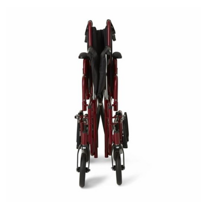 A front view of the red Medline Bariatric Transport Chair with Swing-Away Footrests highlights its durable aluminum frame. Compactly folded, it features black armrests, footrests, and four small wheels aligned for easy transport or storage, making it an ideal lightweight option.