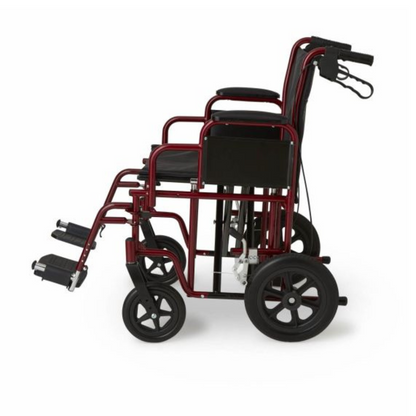 The Medline Bariatric Transport Chair, featuring a red aluminum frame and black seat, includes armrests, handgrips, and rear-wheel brakes. With its lightweight design, it offers smooth mobility on four wheels: larger rear wheels and smaller front ones for easy transport assistance.
