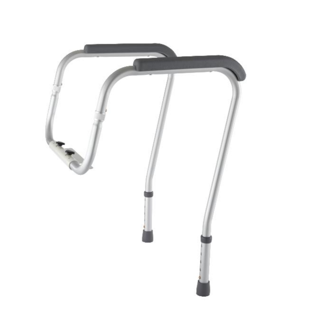The Medline Aluminum Foldable Toilet Safety Rail offers adjustable height, padded handles, and rubber-tipped legs for personalized support and stability when using the toilet.