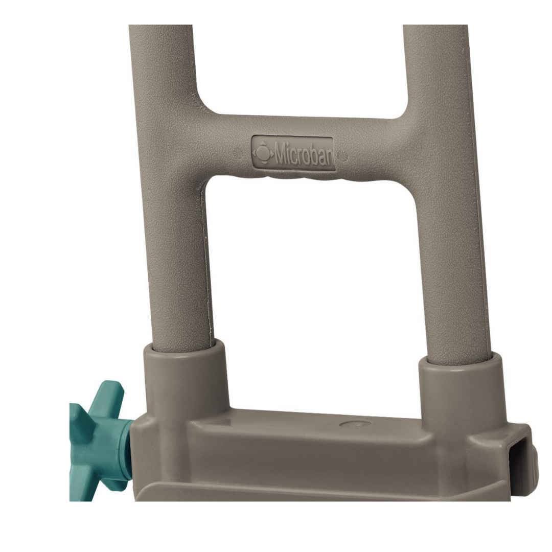 Close-up of the Medline Deluxe Bathtub Grab Bar with Microban in light gray, showing its embossed logo and a teal non-slip knob on the left for added antimicrobial protection.