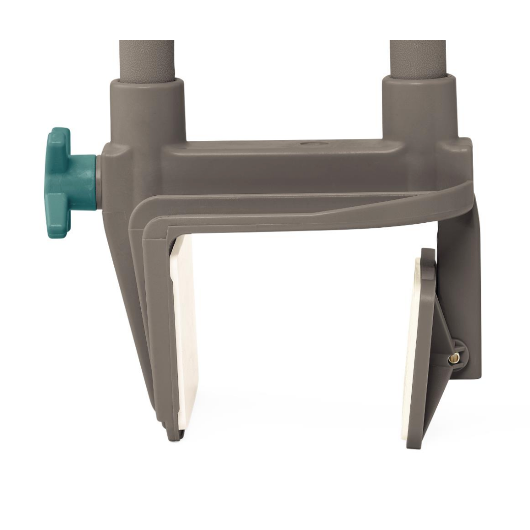 Close-up of the Medline Deluxe Bathtub Grab Bar with Microban in light gray, featuring a teal adjustment knob and two flat, white non-slip gripping surfaces for enhanced safety.