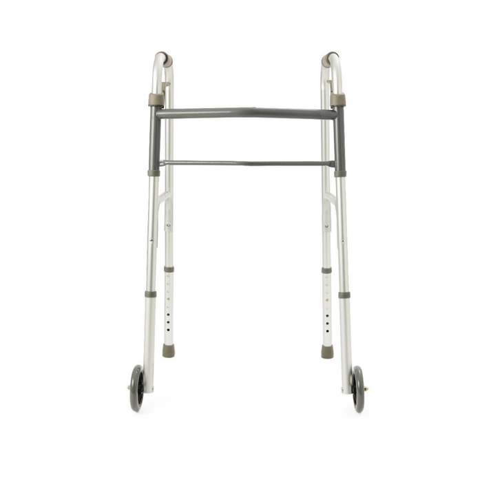 The Medline Adult Folding Paddle Walker with 5 wheels features a silver, adjustable frame, paddle-folding mechanism, two horizontal support bars, front wheels, and rubber-tipped rear legs to assist adult mobility.