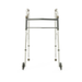 The Medline Adult Folding Paddle Walker with 5 wheels features a silver, adjustable frame, paddle-folding mechanism, two horizontal support bars, front wheels, and rubber-tipped rear legs to assist adult mobility.