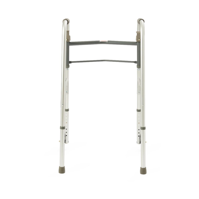 The Medline Adult Folding Paddle Walker with 5 Wheels is a lightweight, silver walker featuring two grip bars, four rubber-tipped legs, and front 5-inch wheels to aid walking and mobility.
