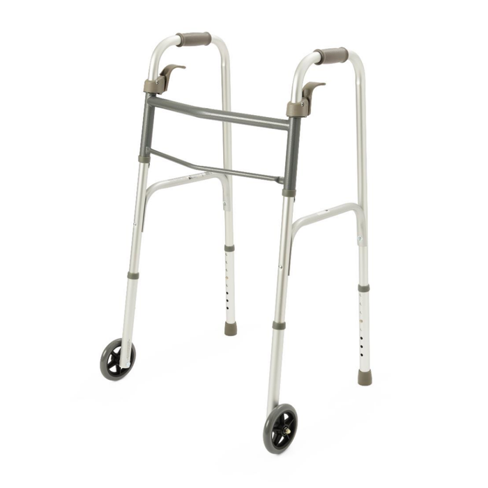 The Medline Adult Folding Paddle Walker with 5 Wheels has a lightweight silver frame, two front wheels, paddle-folding mechanism, padded hand grips, and adjustable legs for mobility support.