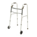 The Medline Adult Folding Paddle Walker with 5 Wheels has a lightweight silver frame, two front wheels, paddle-folding mechanism, padded hand grips, and adjustable legs for mobility support.