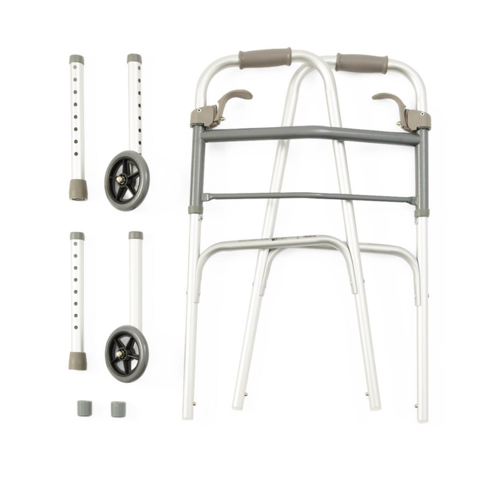 A Medline Adult Folding Paddle Walker with 5 wheels and adjustable legs, plus two rubber tips, all displayed on a white background.