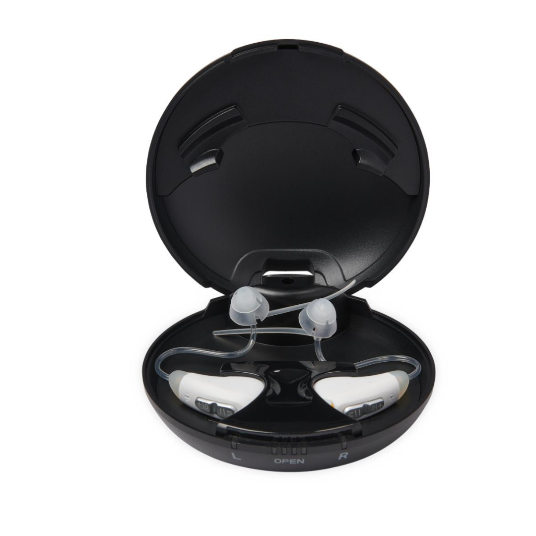 A pair of Medline Rechargeable Digital OTC Behind-The-Ear Hearing Aids with clear tubing and advanced noise reduction rest in an open black case featuring labeled left and right slots.