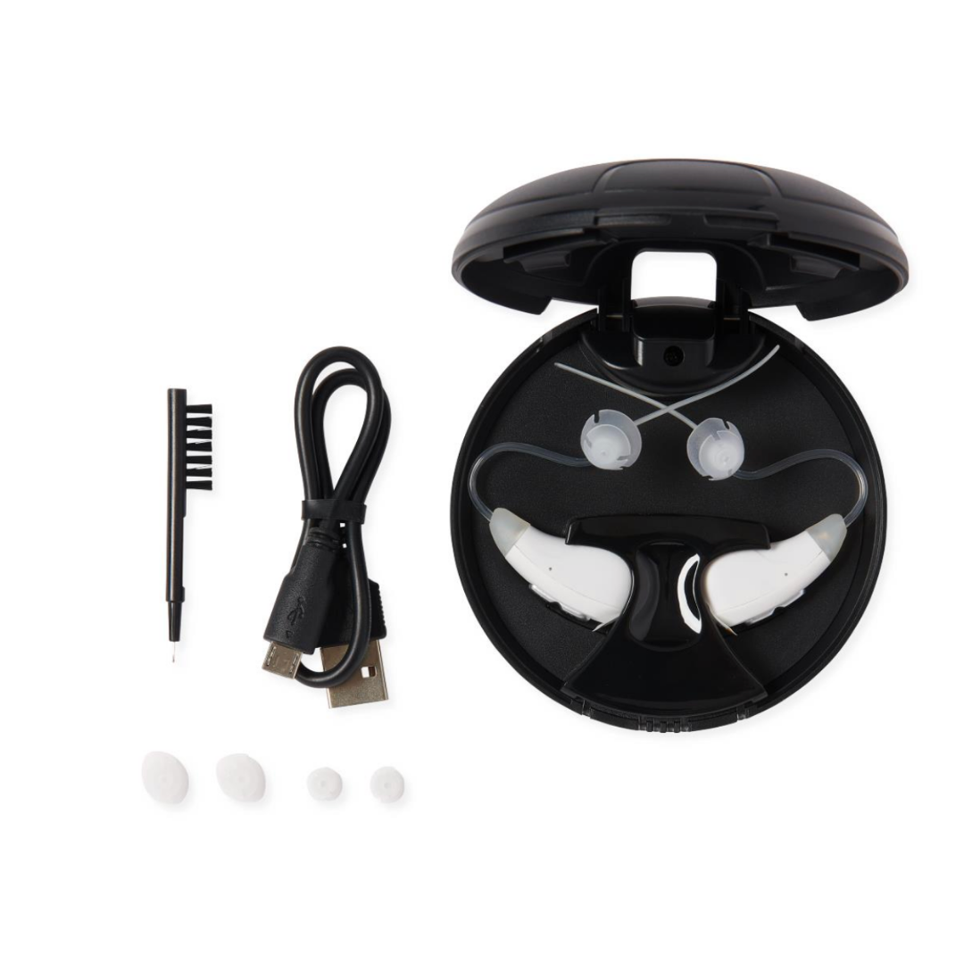 A black case holds two Medline Rechargeable Digital OTC Behind-The-Ear Hearing Aids with noise reduction, plus a cleaning brush, USB charging cable, and three extra white ear tips arranged nearby.