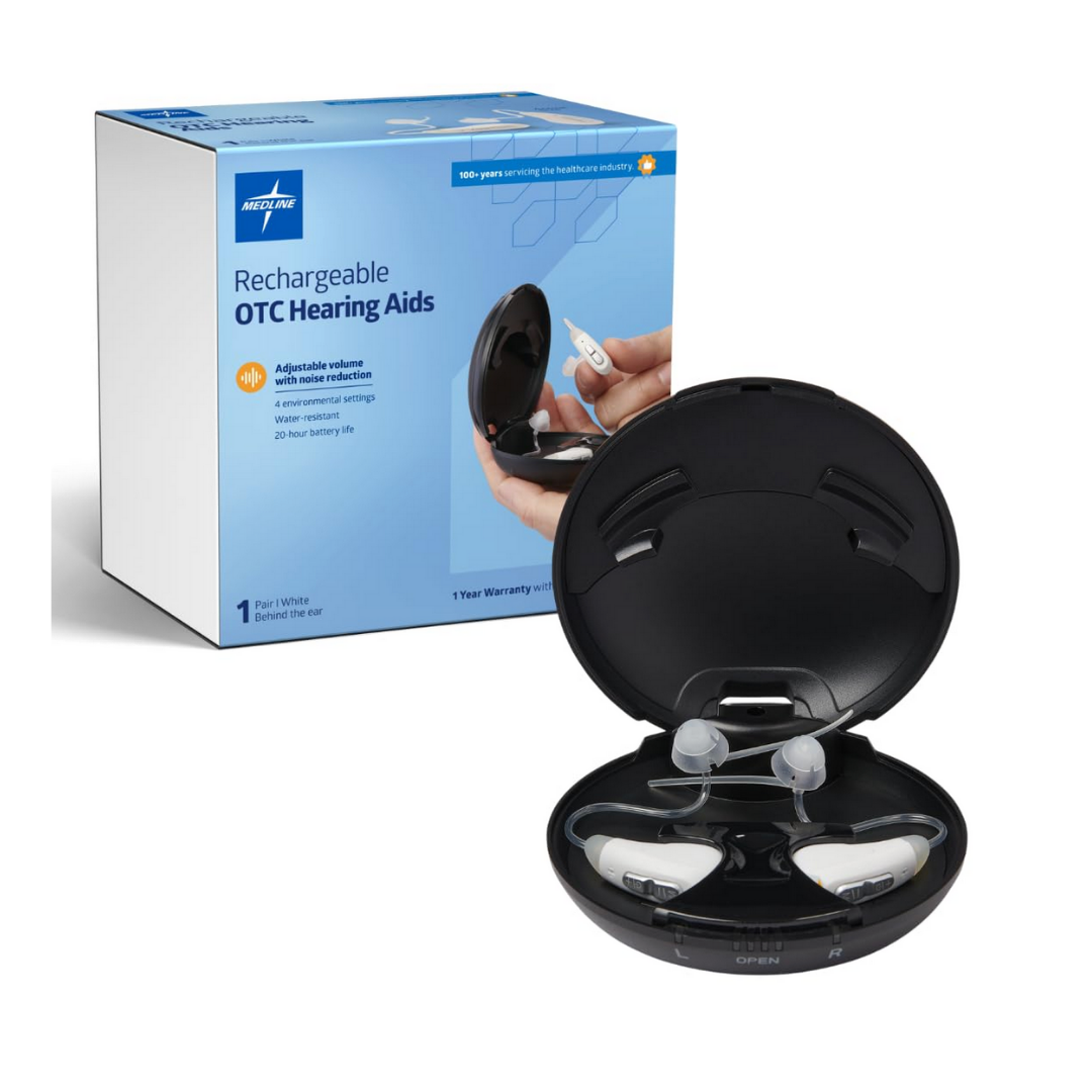 The Medline Rechargeable Digital OTC Hearing Aid – Behind-The-Ear Style is pictured in a black charging case before its retail box, which showcases noise reduction, adjustable volume, discreet design, and 20-hour battery life.