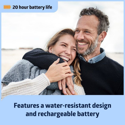 A smiling couple embraces outdoors in warm clothes. Text above: 20-hour rechargeable battery life. Below: Medline Rechargeable Digital OTC Hearing Aid—behind-the-ear, water-resistant, with noise reduction.