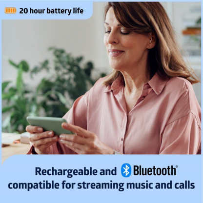 A woman in a pink blouse smiles while using Medline Bluetooth Rechargeable OTC Hearing Aids - Behind The Ear. Text highlights “20 hour battery life” and notes they’re clinically designed for clarity, rechargeable, and perfect for streaming music and calls.