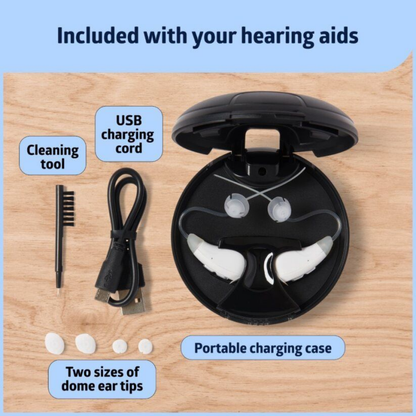 A wooden surface displays the Medline Bluetooth Rechargeable OTC Hearing Aids - Behind The Ear, plus USB charging cord, dome ear tips (2 sizes), and case. Text labels show each items inclusion for clinical clarity and personalized sound.