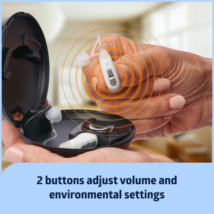 A hand holds a Medline Bluetooth Rechargeable OTC Hearing Aid (Behind The Ear) with illustrated sound waves, next to an open black charging case. Text below reads: 2 buttons adjust volume and environmental settings for personalized listening.