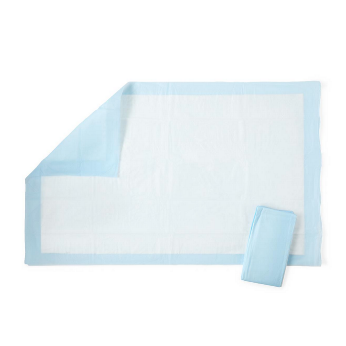 A Medline Protection Plus Disposable Underpad in blue and white, with one corner folded back and another pad folded nearby, is shown on a white background. See specifications or videos for more details.