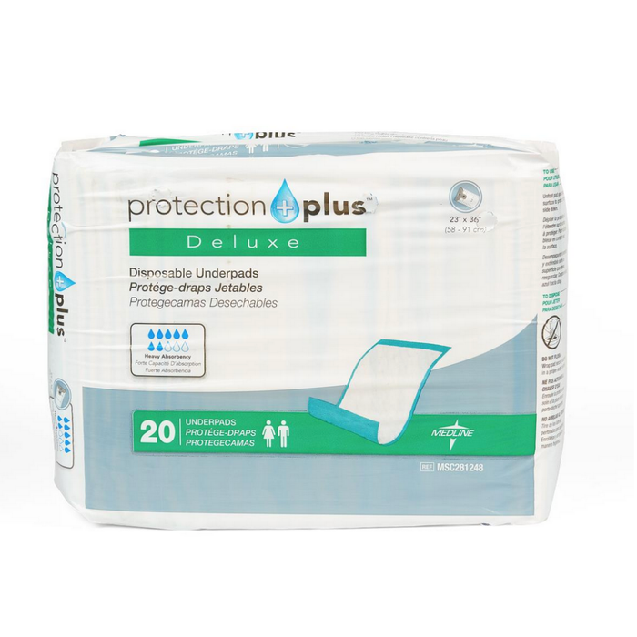 A pack of Medline Protection Plus Disposable Underpads, 27 x 36 inches, blue and white, includes 20 underpads per package with product details in English, Spanish, and French.