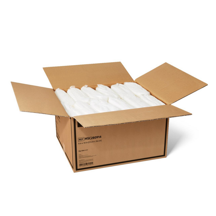 A large cardboard box with flaps open reveals multiple stacks of Medline Protection Plus Disposable Underpads inside—perfect for bulk orders or reviewing product specifications.