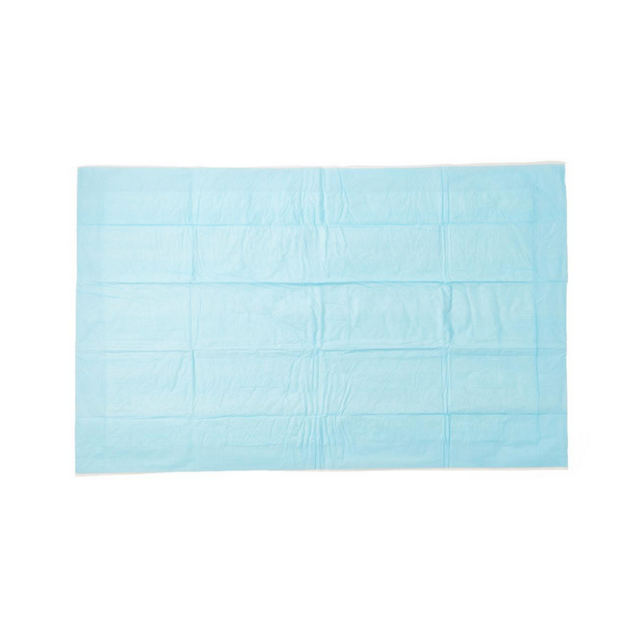 The Medline Protection Plus Disposable Underpad is a rectangular, flat, light blue pad with a slightly textured, creased surface, shown on a white background. For more info, see specifications and downloads.