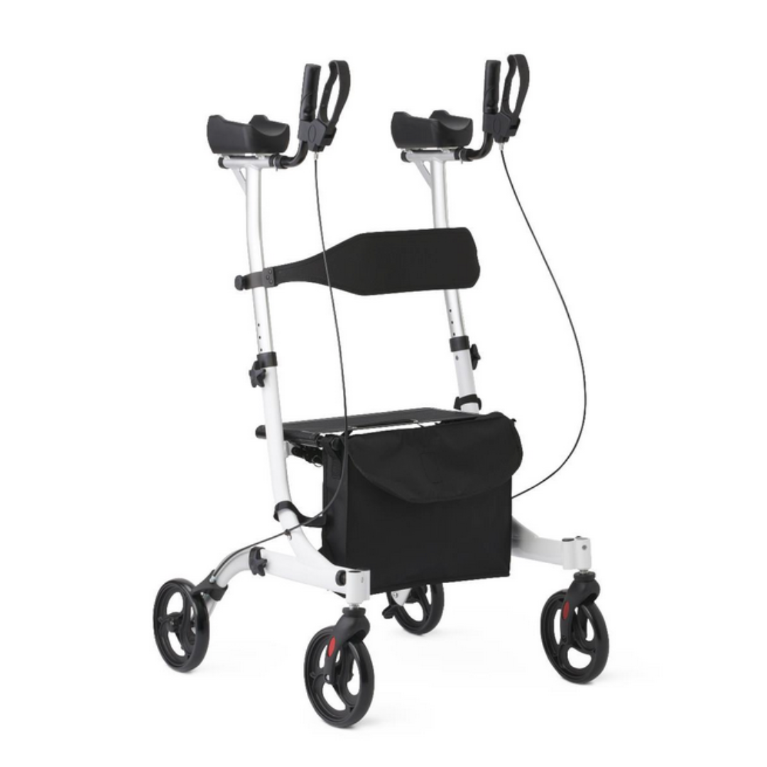 Explore the Medline Upright Aluminum Rollator, a European-style, lightweight walker with four wheels and an upright handlebar design. It features ergonomic handgrips, arm platforms, a black fabric bag, curved backrest for added support, and intuitive ergonomic handbrakes.