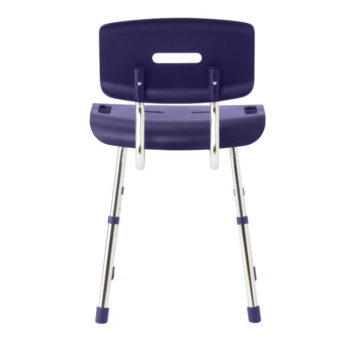 The Medline Modern Shower Chair with Backrest, treated with Microban antimicrobial protection, features a blue backrest, metallic adjustable legs, and a handle cutout for easy transport. Its designed for bathroom safety and support with an adjustable seat height for your comfort.