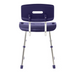 The Medline Modern Shower Chair with Backrest, treated with Microban antimicrobial protection, features a blue backrest, metallic adjustable legs, and a handle cutout for easy transport. Its designed for bathroom safety and support with an adjustable seat height for your comfort.
