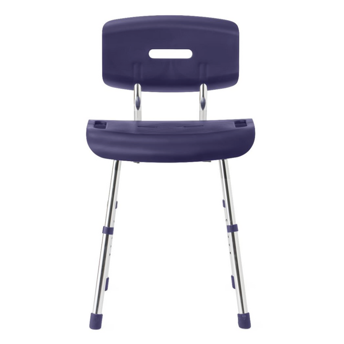 The Medline Modern Shower Chair with Backrest, featuring Microban antimicrobial protection, comes in purple with a small drainage slot. It has adjustable silver legs and non-slip purple tips for safety and hygiene.