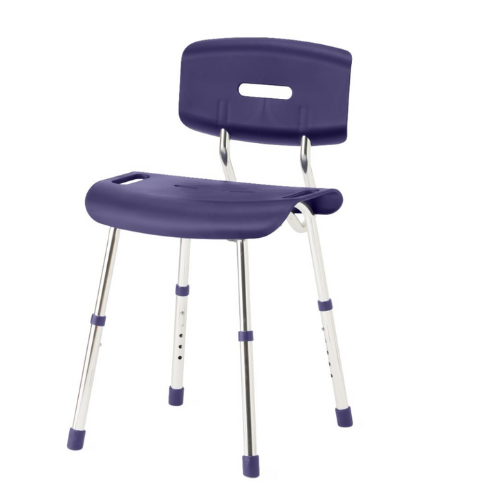 The Medline Modern Shower Chair with Microban features a purple seat with backrest, adjustable height, and drainage holes. Its silver legs include non-slip rubber caps, and theres a handle in the backrest for easy carrying.