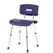 The Medline Modern Shower Chair with Microban features a purple seat with backrest, adjustable height, and drainage holes. Its silver legs include non-slip rubber caps, and theres a handle in the backrest for easy carrying.