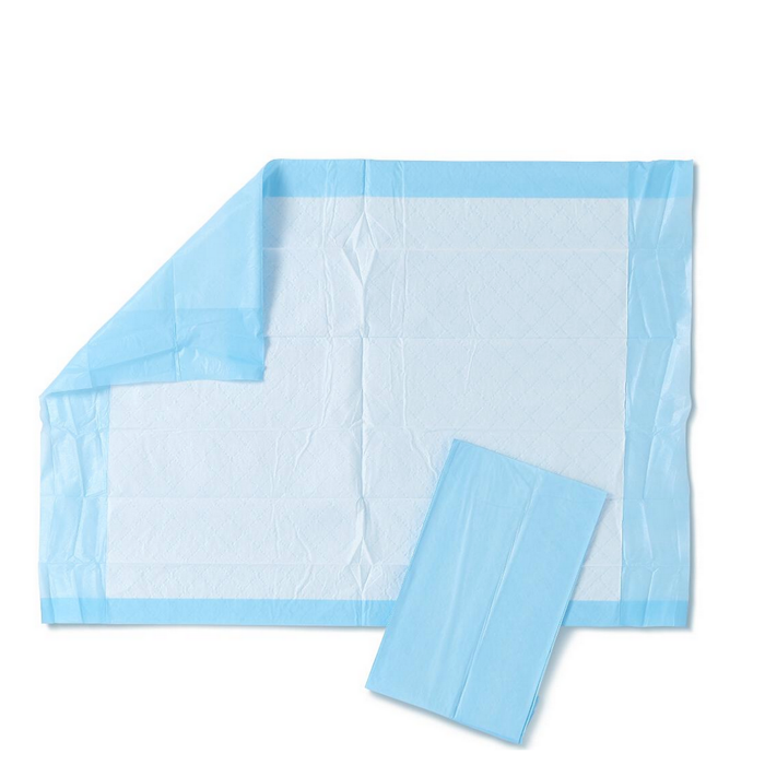 Medline Protection Plus Disposable Underpads, featuring a blue plastic backing and white absorbent top layer, are shown partially unfolded to display their excellent absorbency, with a folded pad on top against a plain white background.