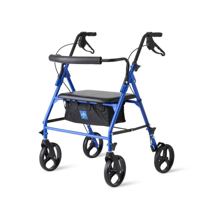 The Medline Heavy-Duty Bariatric Rollator with 8" Wheels is a blue walker featuring four wheels, handlebars, hand brakes, a padded seat, and a black storage pouch for dependable mobility support.