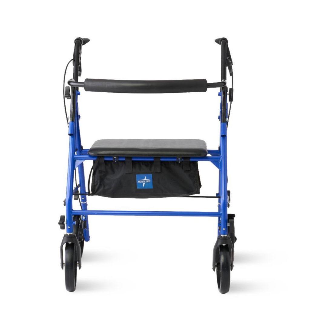 The Medline Heavy-Duty Bariatric Rollator with 8" Wheels is shown from the front against a white background; it features a blue frame, black handles, a padded seat, and an under-seat storage bag for sturdy mobility support.
