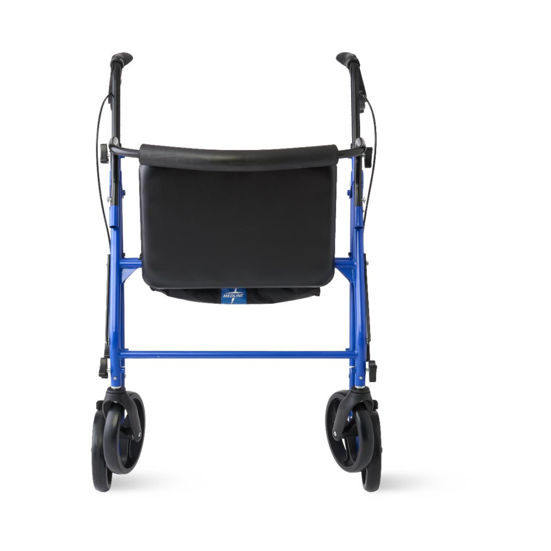 The Medline Heavy-Duty Bariatric Rollator with 8" Wheels offers reliable mobility support with a sturdy blue frame and black seat.