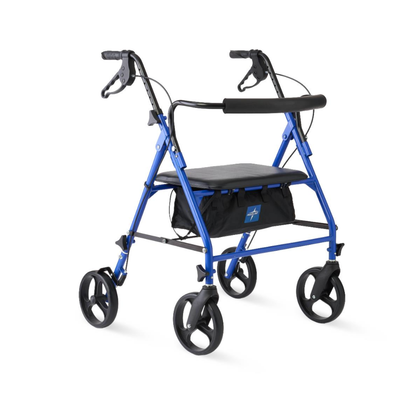 The Medline Heavy-Duty Bariatric Rollator with 8" Wheels - Open Box is blue, has four wheels, black handlebars with hand brakes, a cushioned seat, and a storage pouch under the seat.