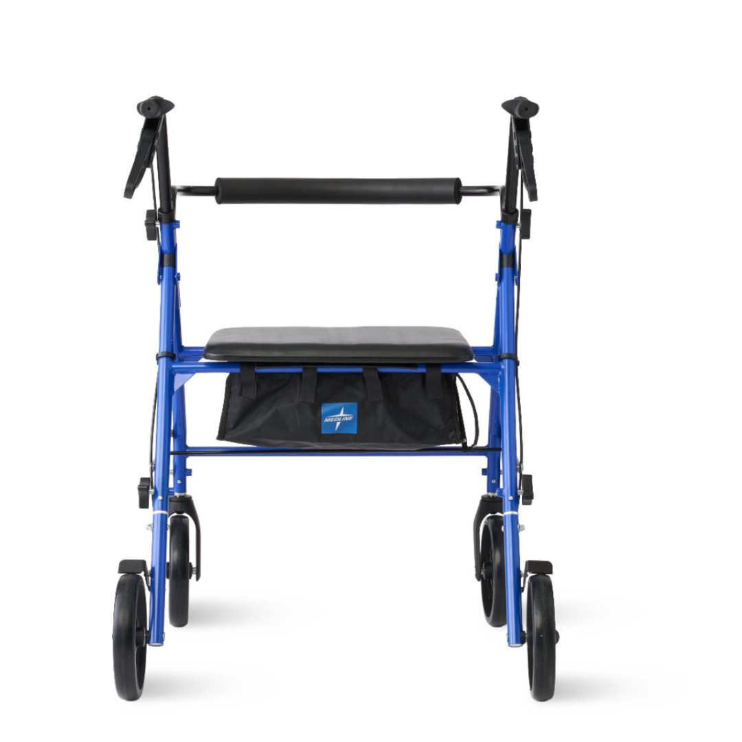 The Medline Heavy-Duty Bariatric Rollator with 8" Wheels, shown in blue with black handles, features a padded seat and storage pouch beneath the seat—perfect for those seeking reliable mobility support.