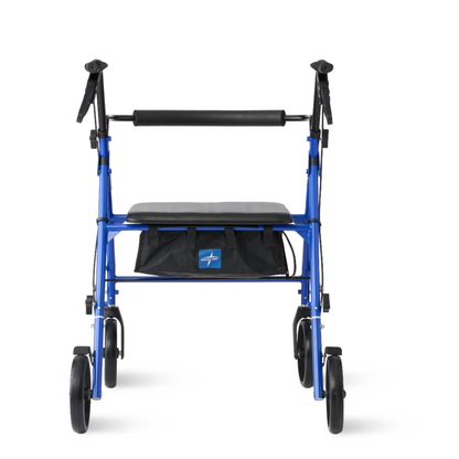 The Medline Heavy-Duty Bariatric Rollator with 8" Wheels, shown in blue with black handles, features a padded seat and storage pouch beneath the seat—perfect for those seeking reliable mobility support.