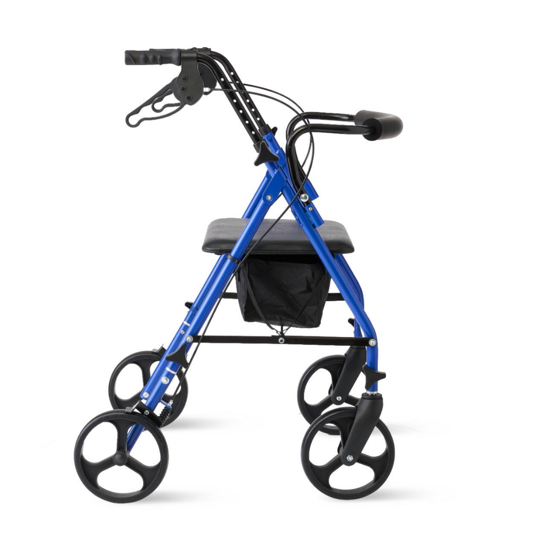 The Medline Heavy-Duty Bariatric Rollator with 8" Wheels features a blue frame, black handlebars, padded seat, and an under-seat storage pouch—ideal for providing mobility support to those with walking difficulties.
