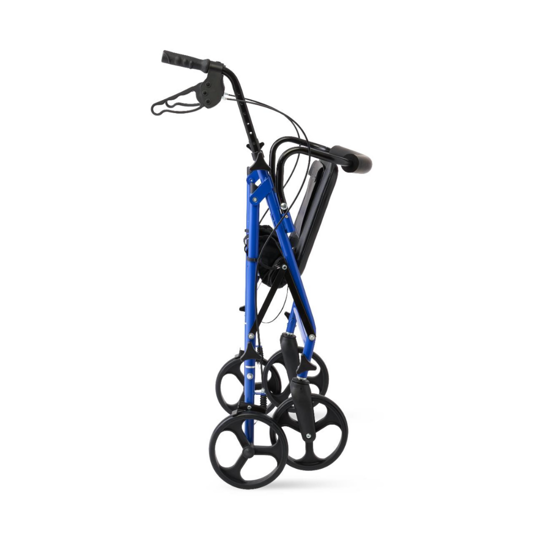 The Medline Heavy-Duty Bariatric Rollator with 8" wheels, shown in blue and black and folded compactly against a white background, provides reliable mobility support.