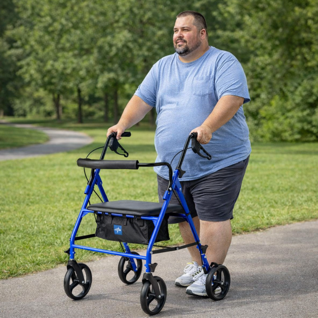 A man in a light blue t-shirt and dark shorts walks on a paved path with the Medline Heavy-Duty Bariatric Rollator with 8" Wheels – Open Box, featuring a blue seat, surrounded by green grass and trees.