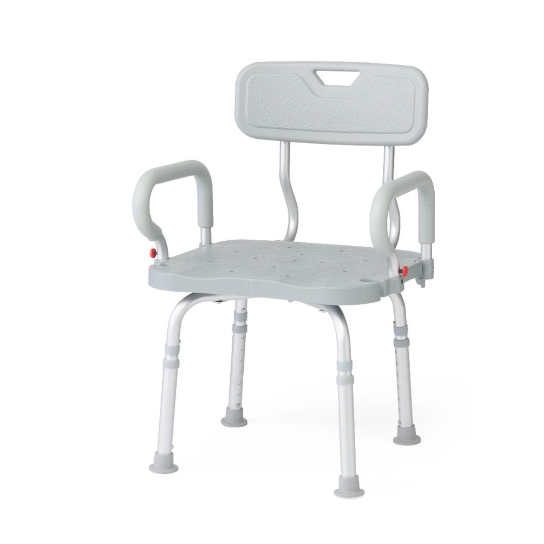 The Medline 360 Degree Swivel Shower/Bath Chair features adjustable legs, armrests, and a backrest in light gray for enhanced safety and support during bathing.