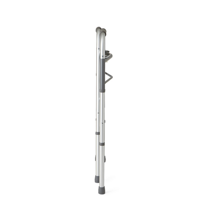 The Medline Two-Button Adult Folding Walker is a reliable mobility solution featuring a lightweight frame, adjustable height with peg holes, and handlebars with rubber grips for enhanced safety and comfort.