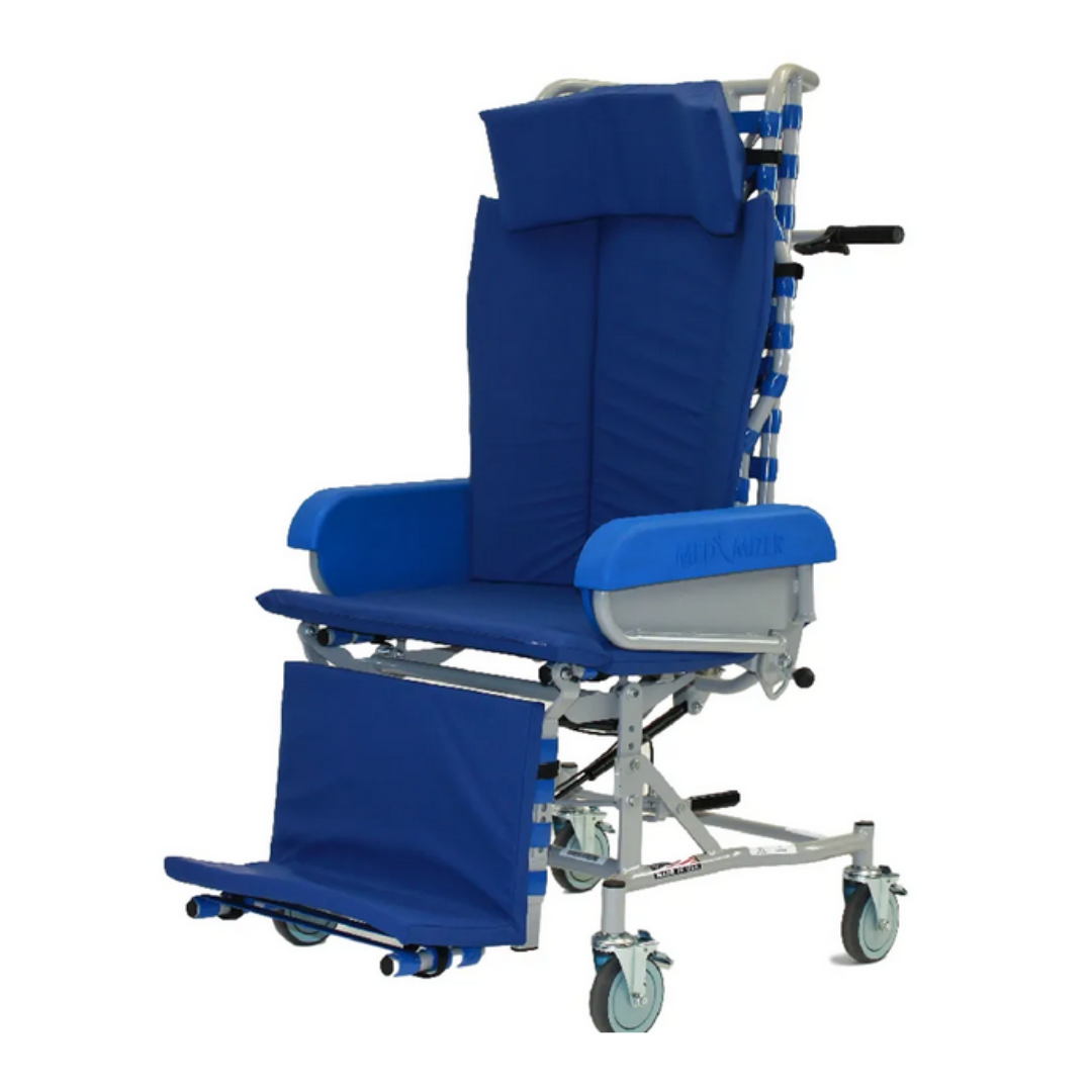 The Med-Mizer FLEXTILT Reclining Transfer Chair is a blue, padded tilt-in-space chair with adjustable headrest, armrests, and leg supports on a wheeled metal frame, ideal for patient transport or comfort in healthcare settings.