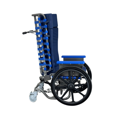 The Med-Mizer FLEXTILT Reclining Transfer Chair in blue and black features a tall, supportive backrest and side armrests, shown from the side on a white background.