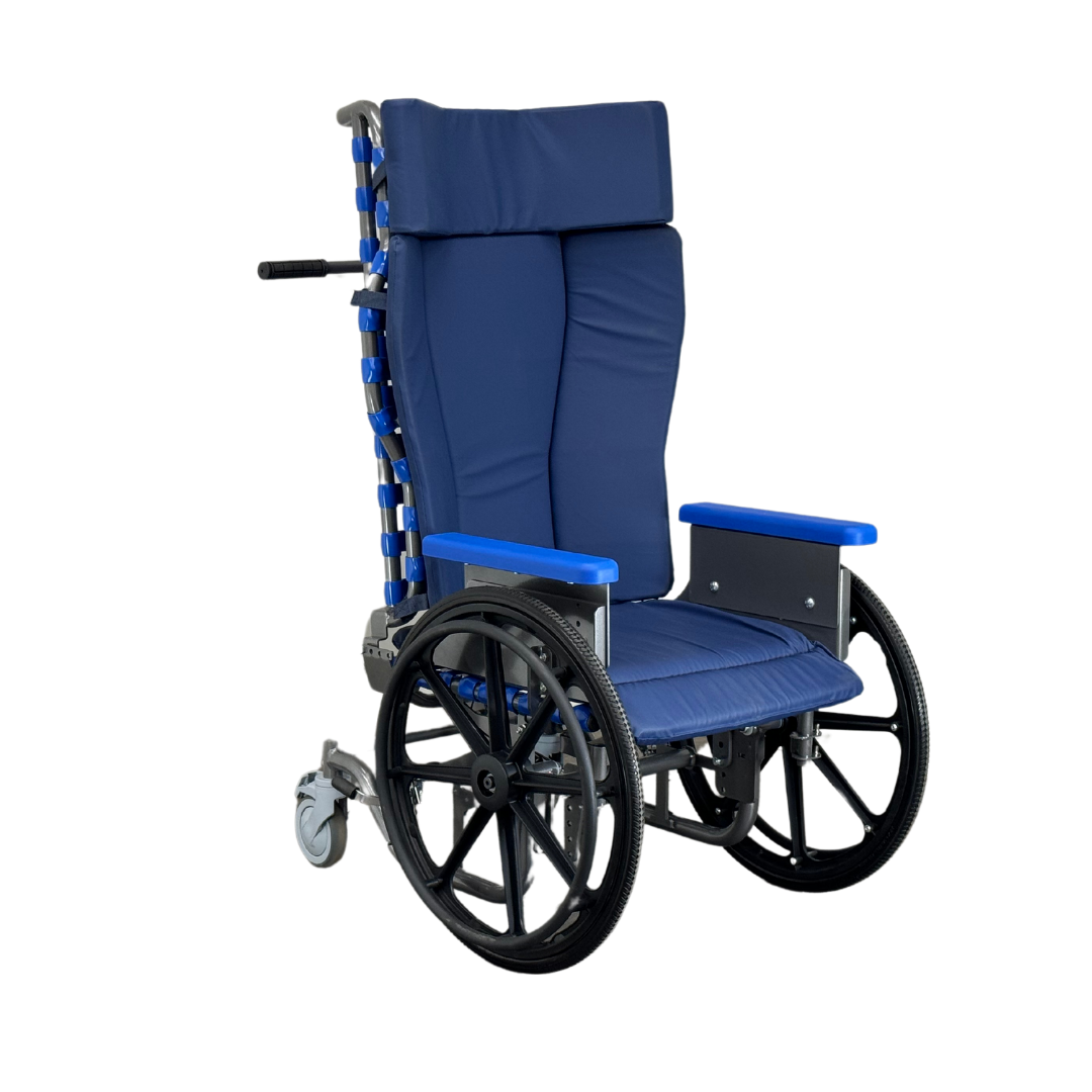 The Med-Mizer FLEXTILT Reclining Transfer Chair in blue features large rear wheels, small front casters, armrests, and a tall backrest with head support, displayed against a white background.