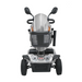 Front view of the Metro Mobility S500 Heavy Duty 4-Wheel Power Scooter in silver with black accents, featuring large wheels, side mirrors, a headlight, and an emblem reading Metro above the footrest. The design is sleek and sturdy.