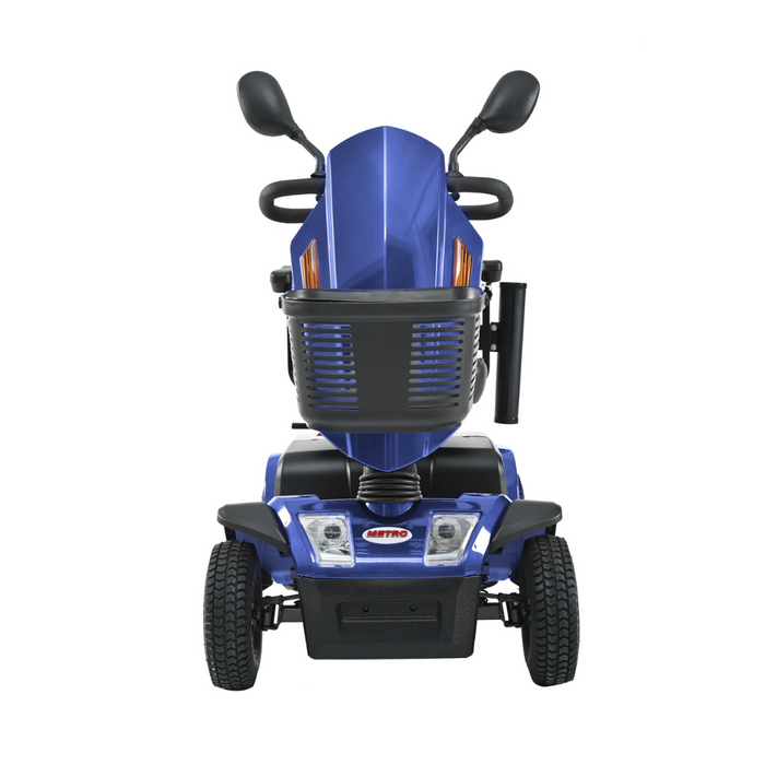 Front view of a blue Metro Mobility S500 Heavy Duty 4-Wheel Power Scooter with two rearview mirrors, handlebar grips, headlights, and turn signals. Its sturdy design offers exceptional stability for social independence.