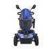 Front view of a blue Metro Mobility S500 Heavy Duty 4-Wheel Power Scooter with two rearview mirrors, handlebar grips, headlights, and turn signals. Its sturdy design offers exceptional stability for social independence.