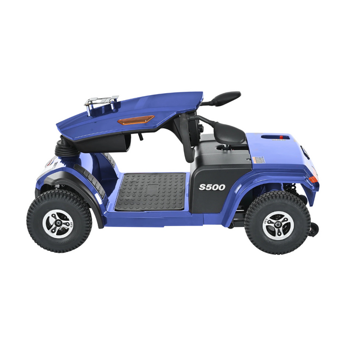 The Metro Mobility S500 Heavy Duty 4-Wheel Power Scooter, in blue with a futuristic design and S500 labeling, offers social independence for young drivers. It includes black seating, sturdy wheels, rearview mirrors, and a partially open roof.